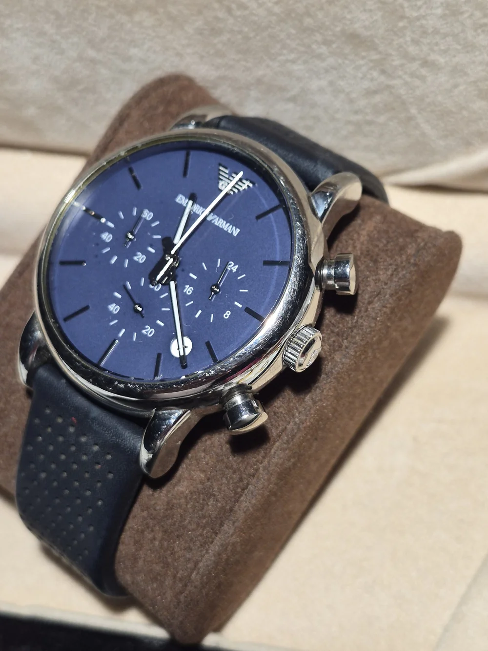 Emporio Armani Men’s Blue Dial Chronograph Watch with Black Leather Strap